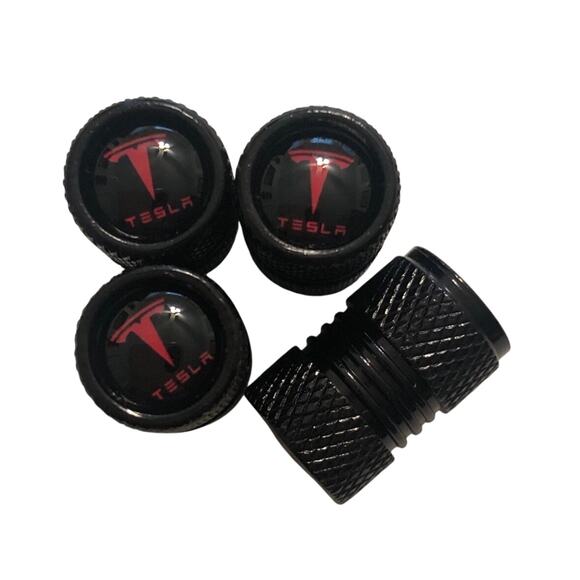 Unbranded Other - Tesla 4pk Valve Stem Covers - Black Aluminium Alloy Red Tesla T